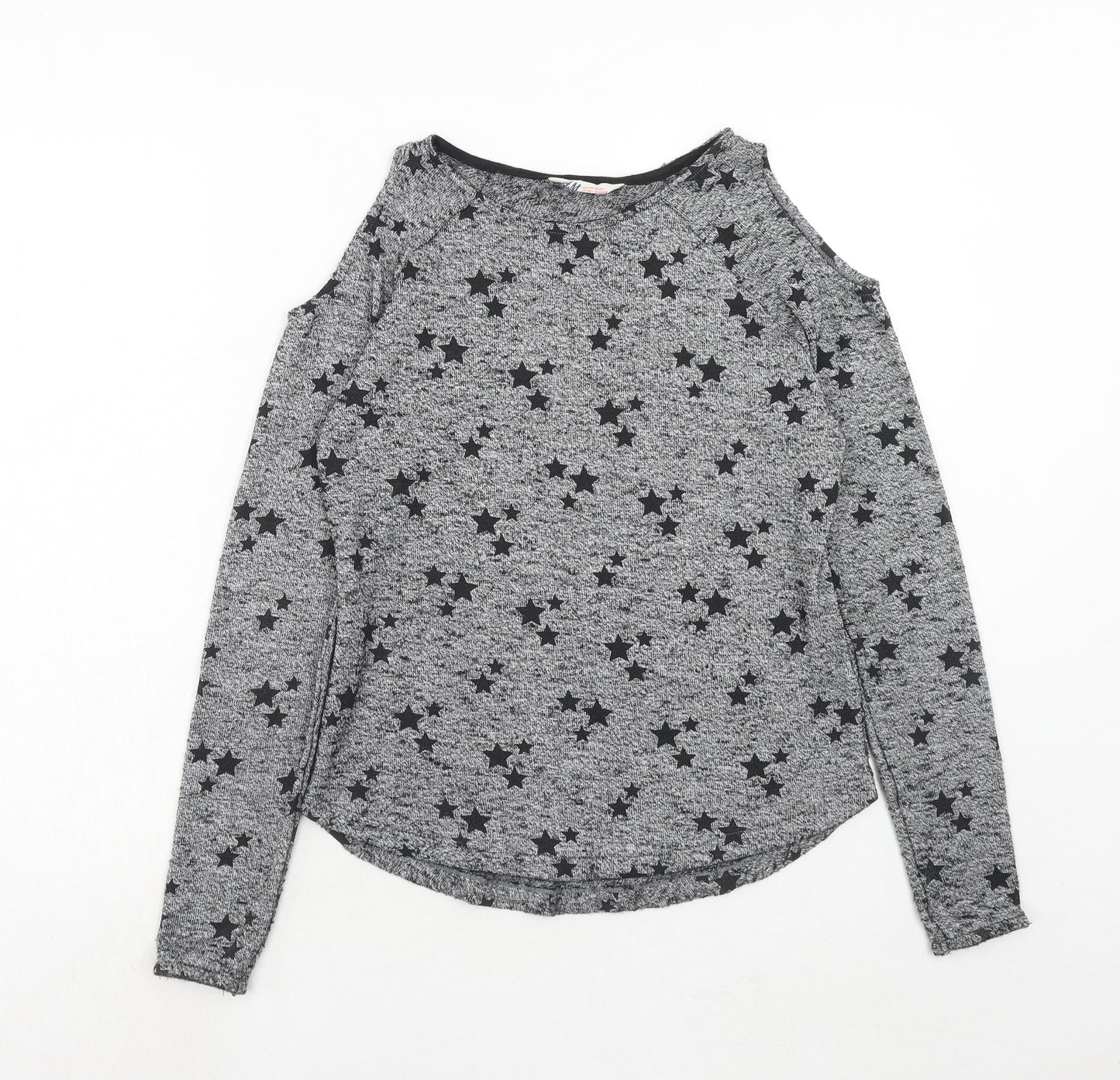 H&M Girls Grey Geometric Polyester Basic Blouse Size 14 Years Round Neck Pullover - Cold Shoulder, Star