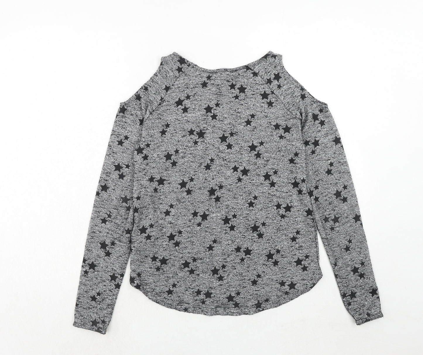 H&M Girls Grey Geometric Polyester Basic Blouse Size 14 Years Round Neck Pullover - Cold Shoulder, Star
