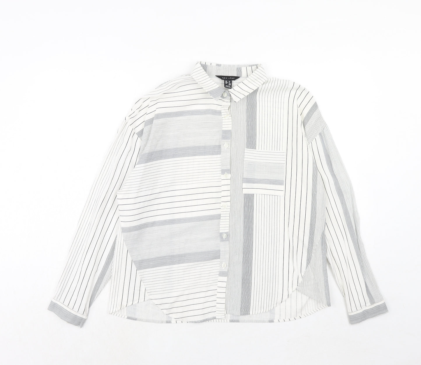 New Look Womens White Striped Linen Basic Button-Up Size 12 Collared