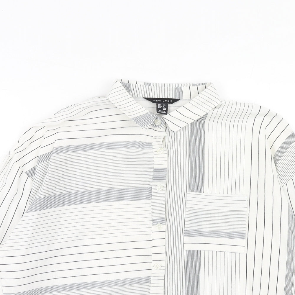 New Look Womens White Striped Linen Basic Button-Up Size 12 Collared