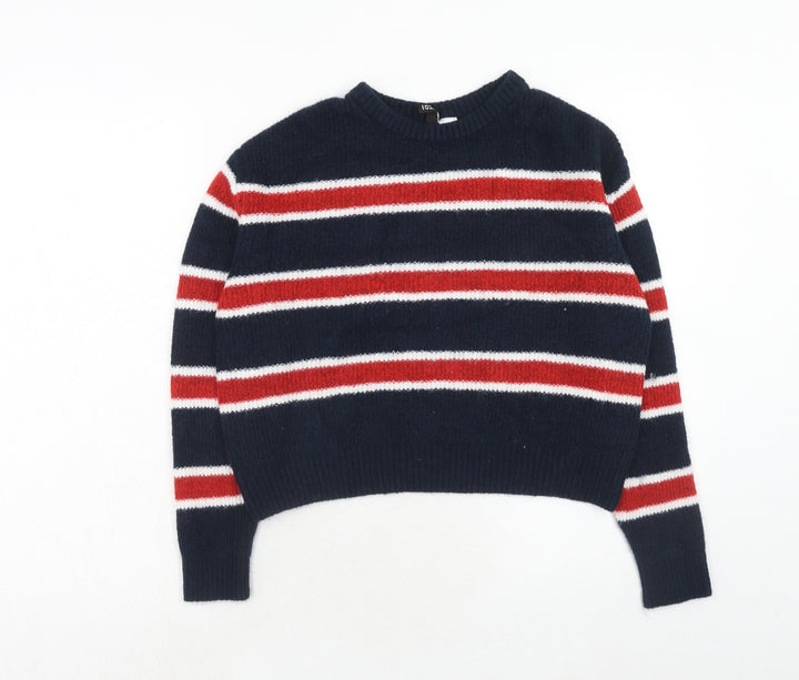 H&M Womens Blue Round Neck Striped Acrylic Pullover Jumper Size S