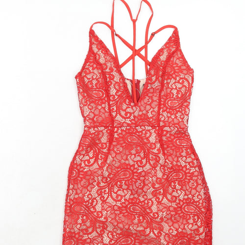 Boohoo Womens Red Geometric Polyester Bodycon Size 6 V-Neck Zip