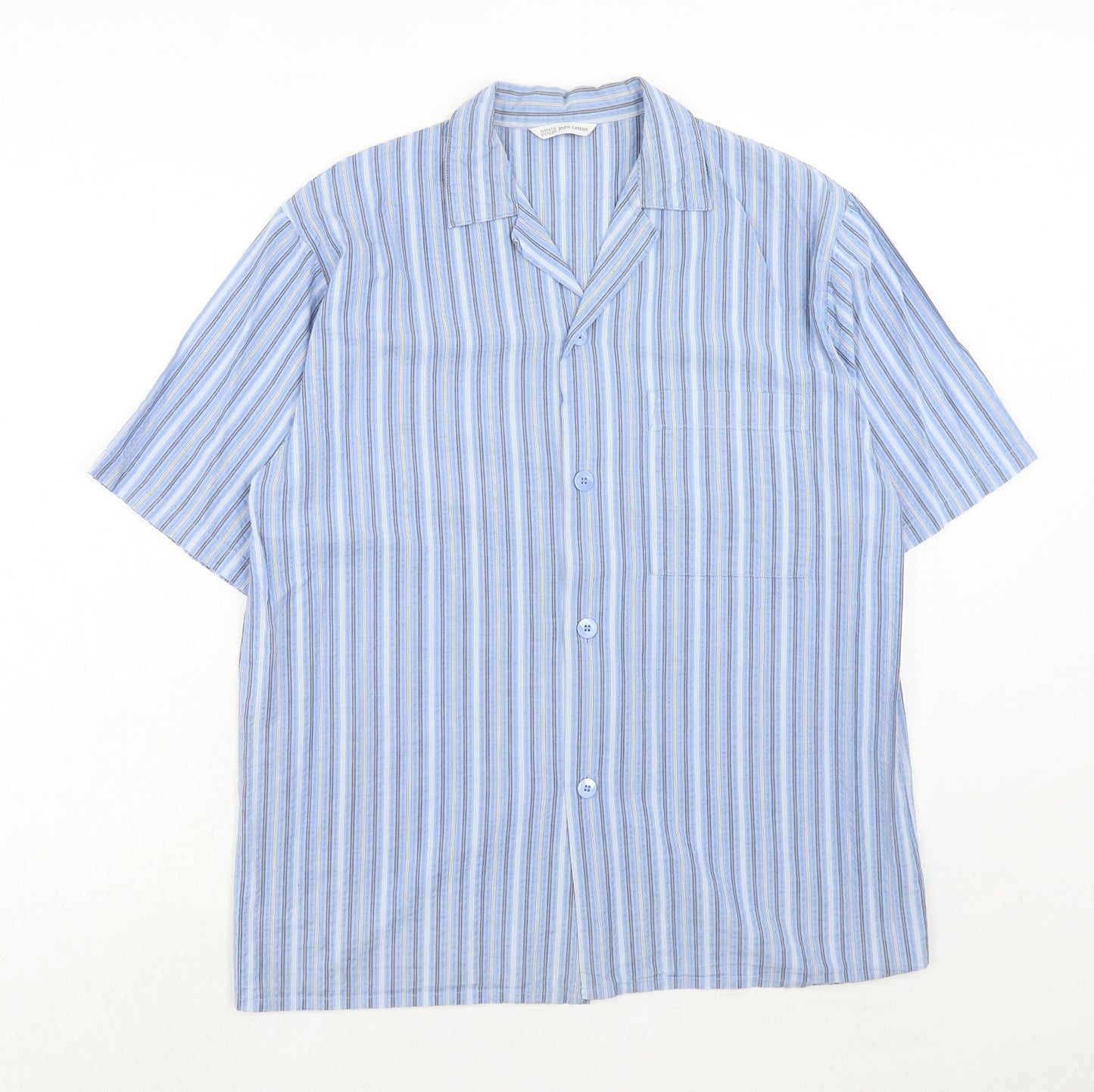 Marks and Spencer Mens Blue Striped Cotton Button-Up Size M Collared Button