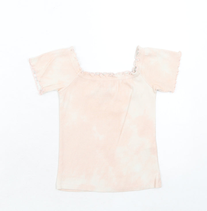New Look Womens Pink Geometric Cotton Basic Blouse Size 10 Square Neck