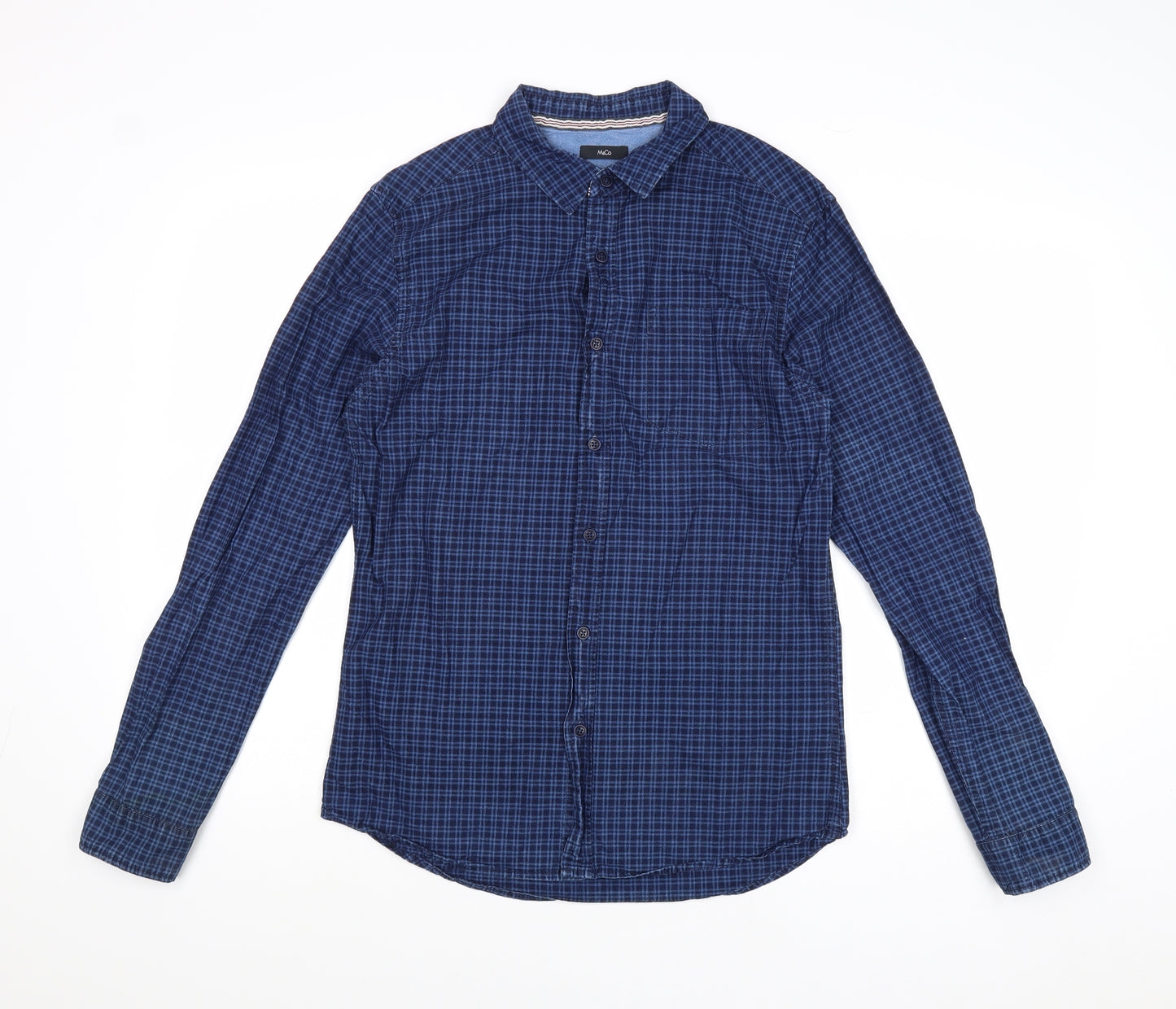 M&Co Mens Blue Check Cotton Button-Up Size S Collared Button