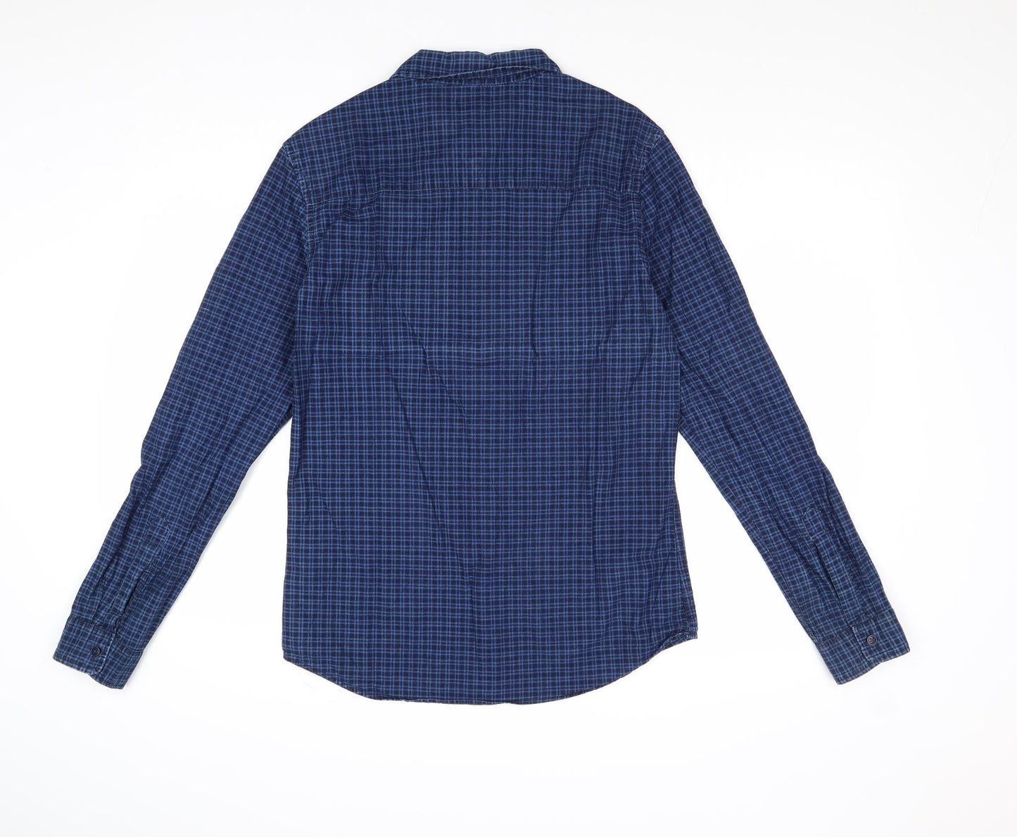 M&Co Mens Blue Check Cotton Button-Up Size S Collared Button