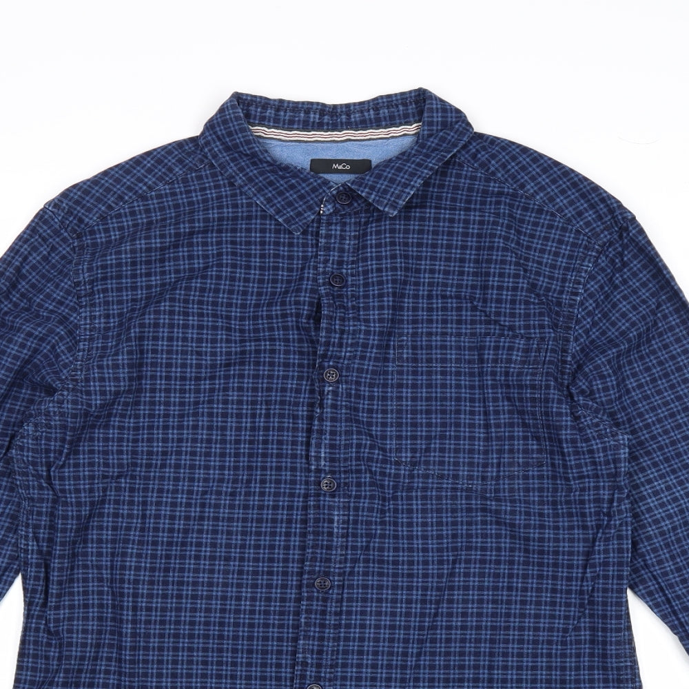 M&Co Mens Blue Check Cotton Button-Up Size S Collared Button