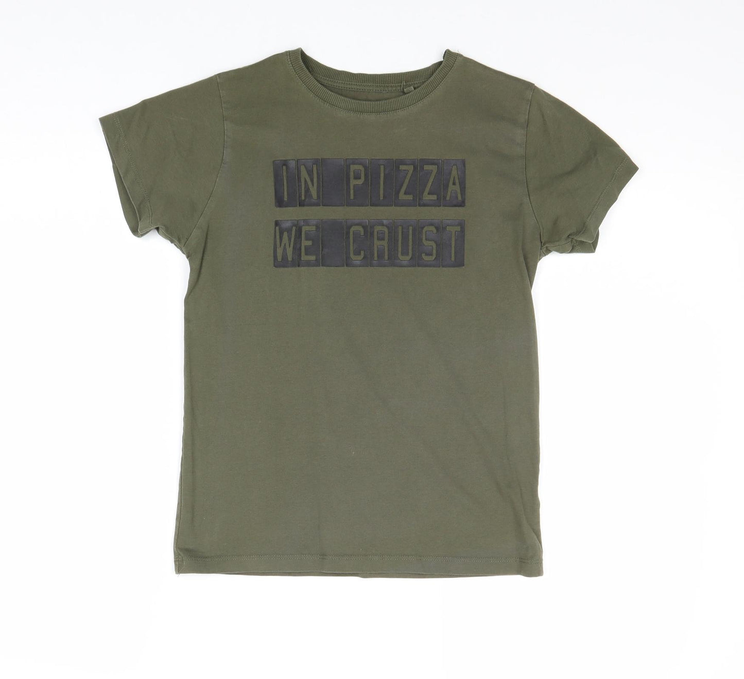 NEXT Boys Green Cotton Pullover T-Shirt Size 11 Years Round Neck Pullover - Pizza Slogan