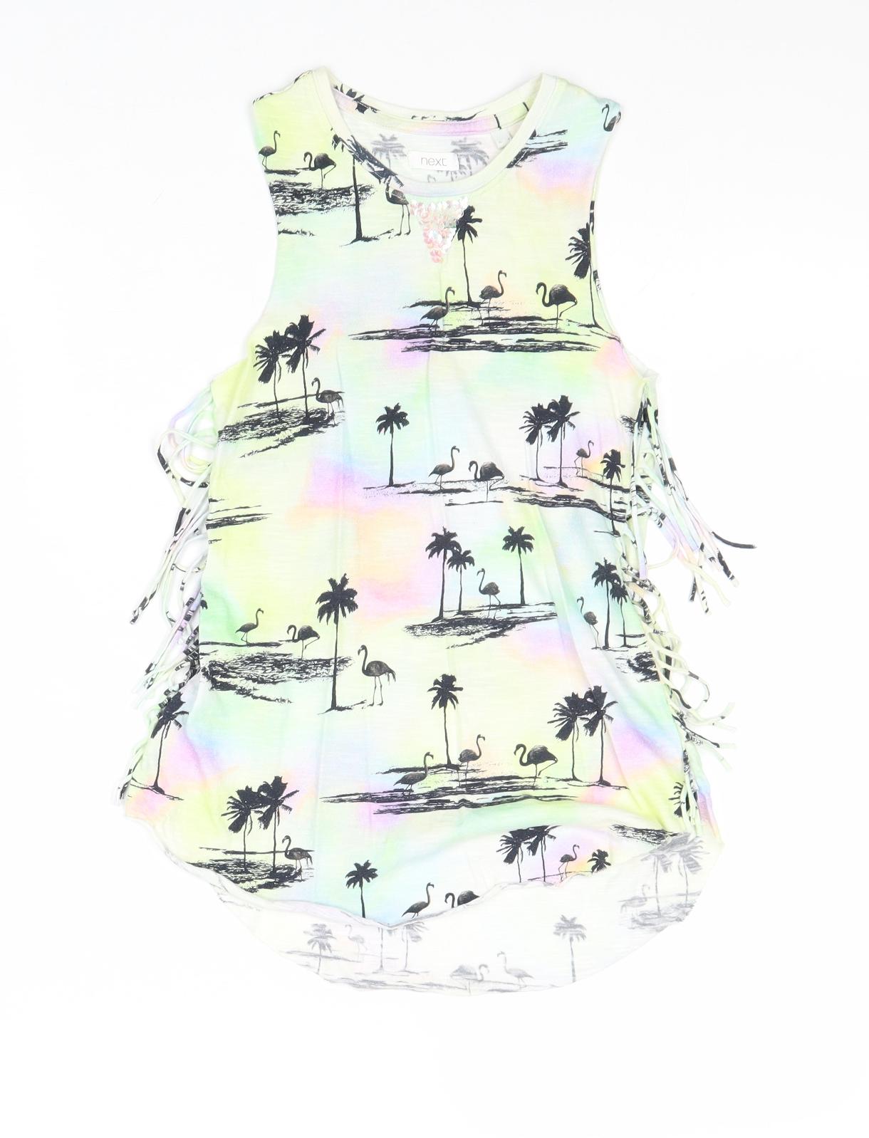 NEXT Girls Multicoloured Geometric Cotton Basic Tank Size 4 Years Round Neck Pullover - Palm Trees and Flamingos
