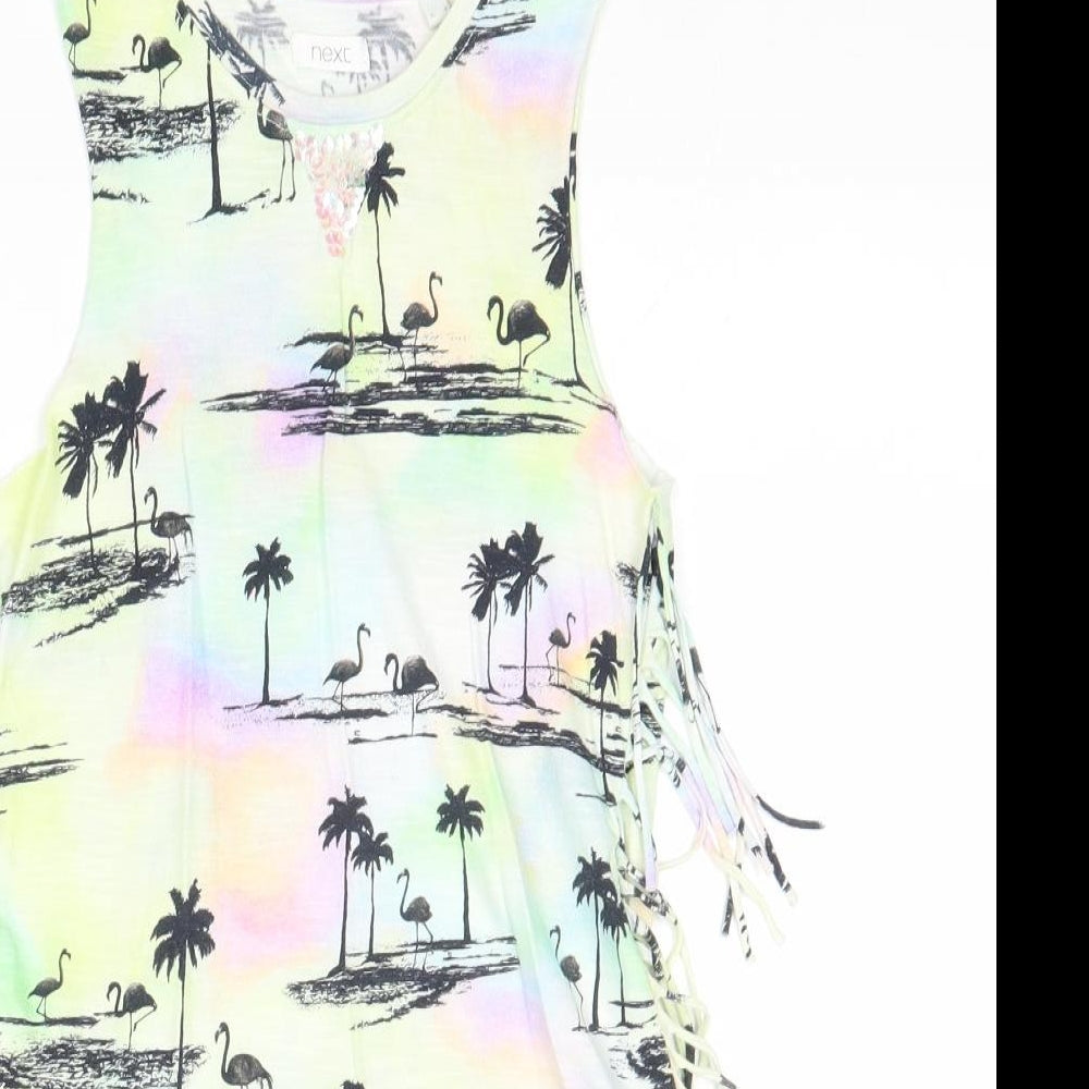 NEXT Girls Multicoloured Geometric Cotton Basic Tank Size 4 Years Round Neck Pullover - Palm Trees and Flamingos