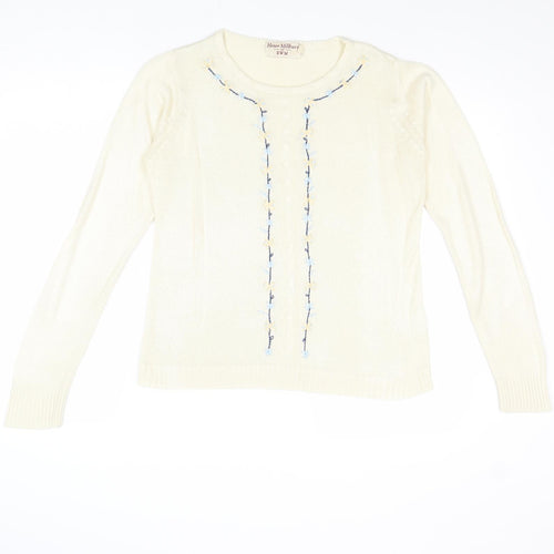 EWM Womens Ivory Round Neck Acrylic Pullover Jumper Size S - Flower Detail