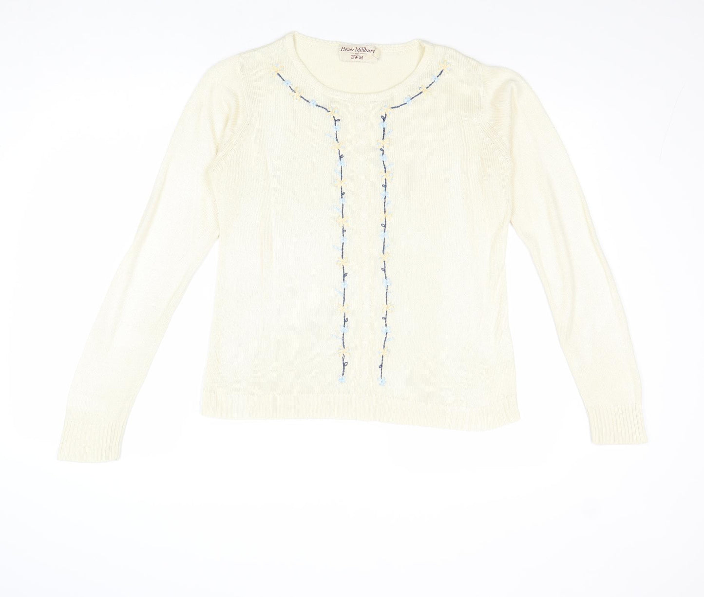EWM Womens Ivory Round Neck Acrylic Pullover Jumper Size S - Flower Detail