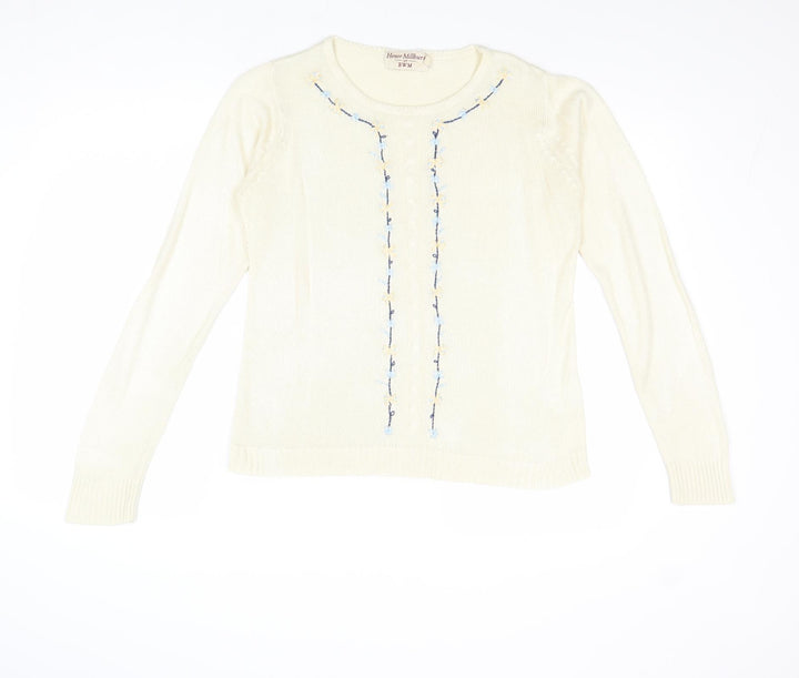 EWM Womens Ivory Round Neck Acrylic Pullover Jumper Size S - Flower Detail