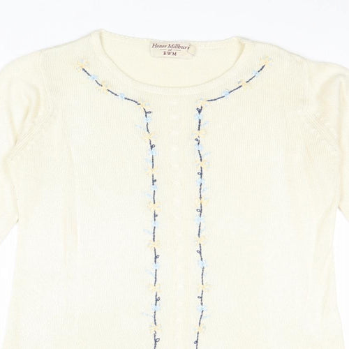 EWM Womens Ivory Round Neck Acrylic Pullover Jumper Size S - Flower Detail