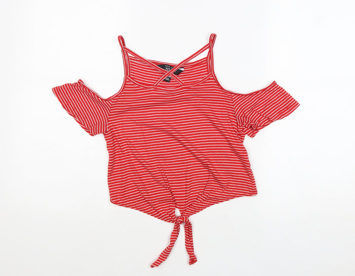 New Look Girls Red Striped Cotton Pullover T-Shirt Size 10-11 Years Scoop Neck Pullover - Cold Shoulder Tie Front