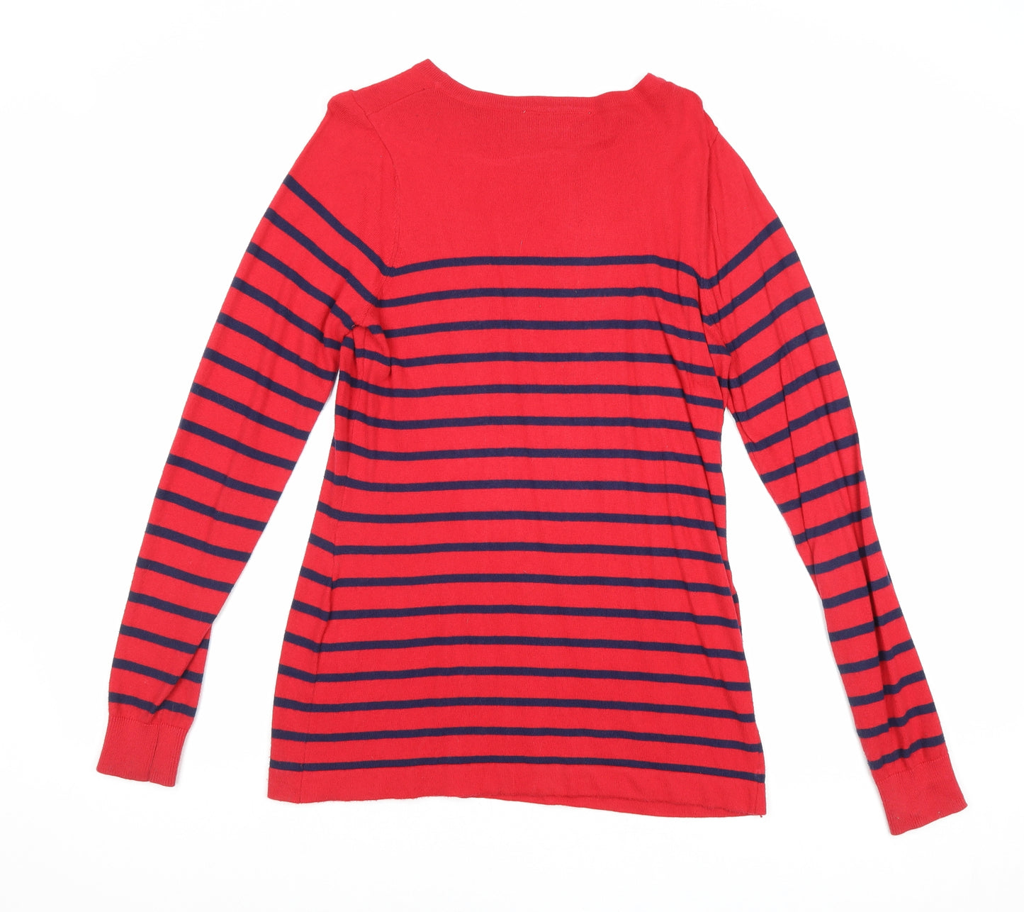 JoJo Maman Womens Red Round Neck Striped Cotton Pullover Jumper Size S