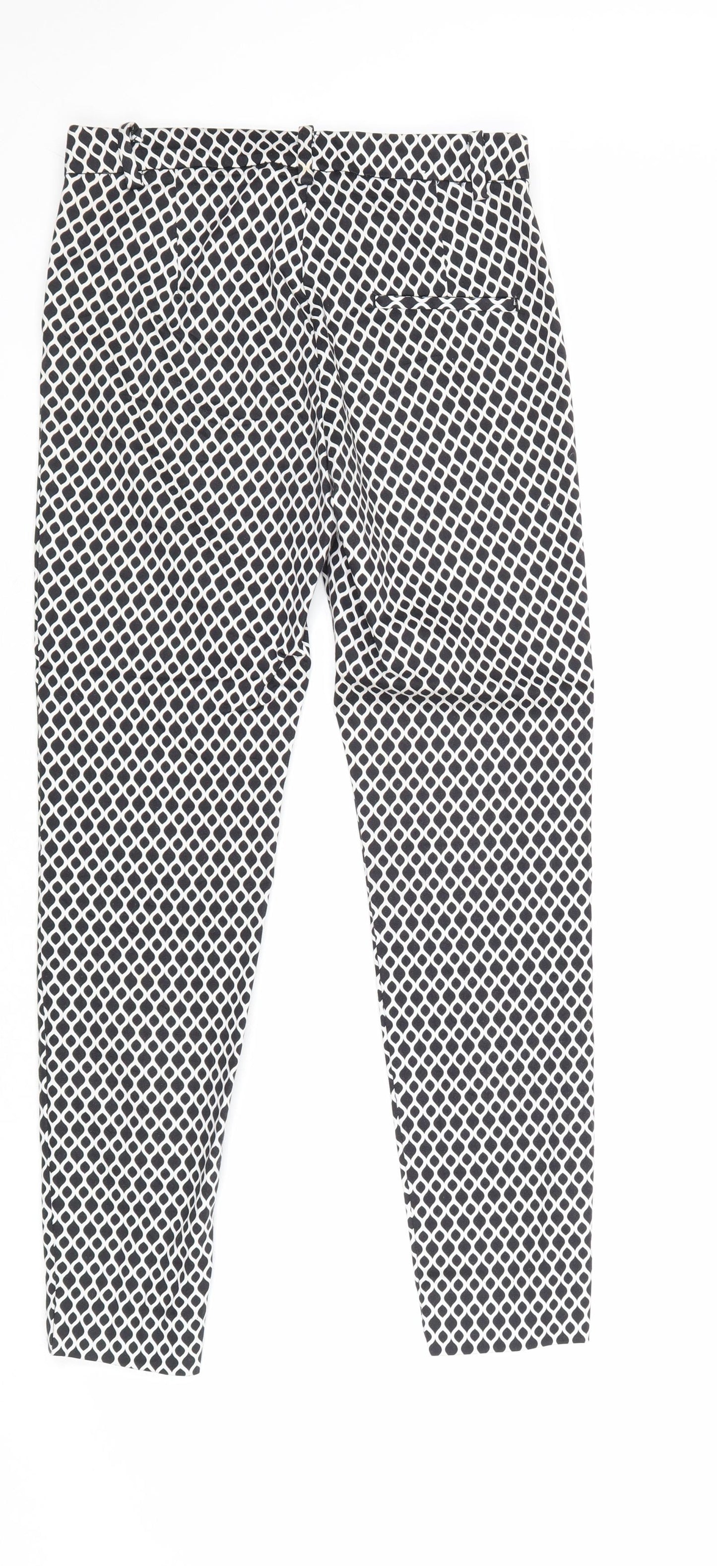 H&M Womens Black Geometric Cotton Chino Trousers Size 8 Regular Zip