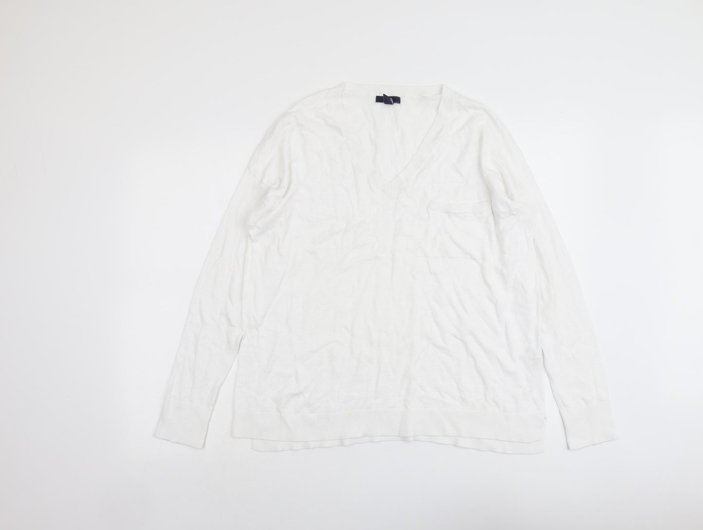 Gap Womens White V-Neck Cotton Pullover Jumper Size L