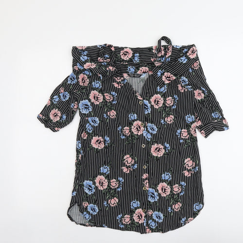 Select Womens Black Geometric Viscose Basic Button-Up Size 6 V-Neck