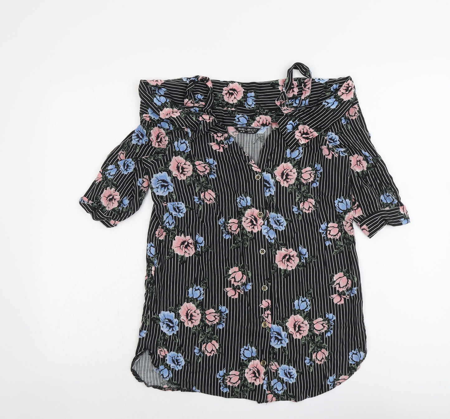 Select Womens Black Geometric Viscose Basic Button-Up Size 6 V-Neck