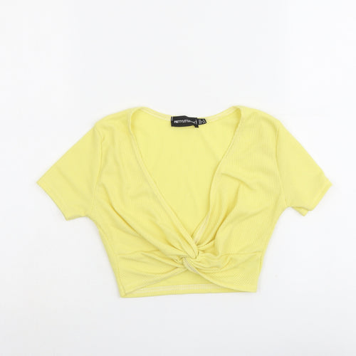 PRETTYLITTLETHING Womens Yellow Polyester Cropped Tank Size 6 V-Neck - Twist Detail