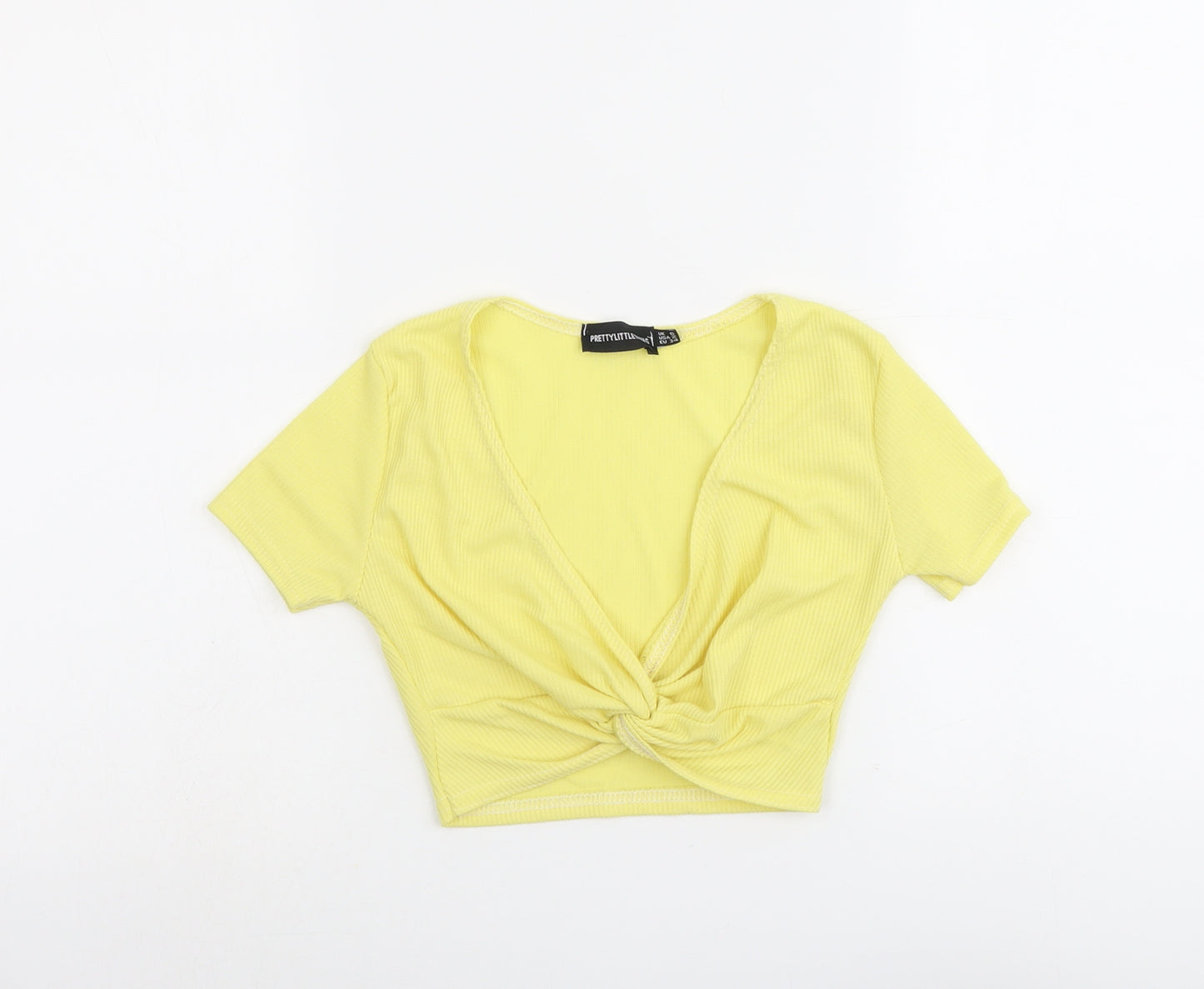 PRETTYLITTLETHING Womens Yellow Polyester Cropped Tank Size 6 V-Neck - Twist Detail