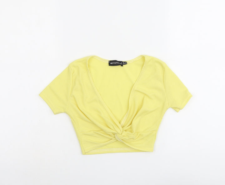 PRETTYLITTLETHING Womens Yellow Polyester Cropped Tank Size 6 V-Neck - Twist Detail
