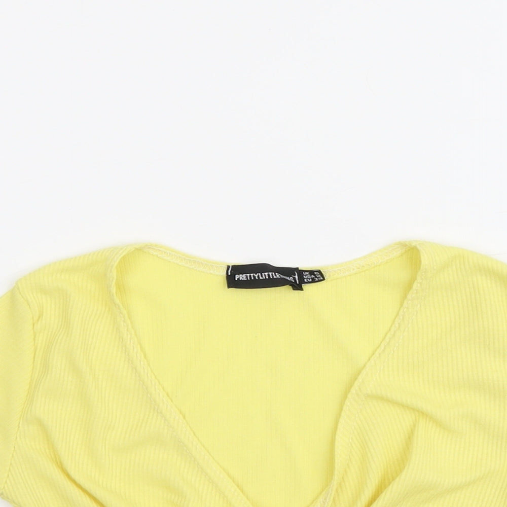 PRETTYLITTLETHING Womens Yellow Polyester Cropped Tank Size 6 V-Neck - Twist Detail
