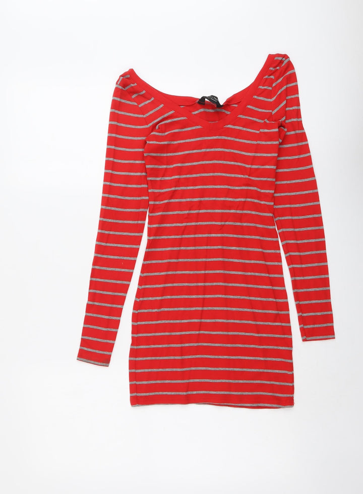 Dorothy Perkins Womens Red Striped Cotton Basic Blouse Size 8 V-Neck