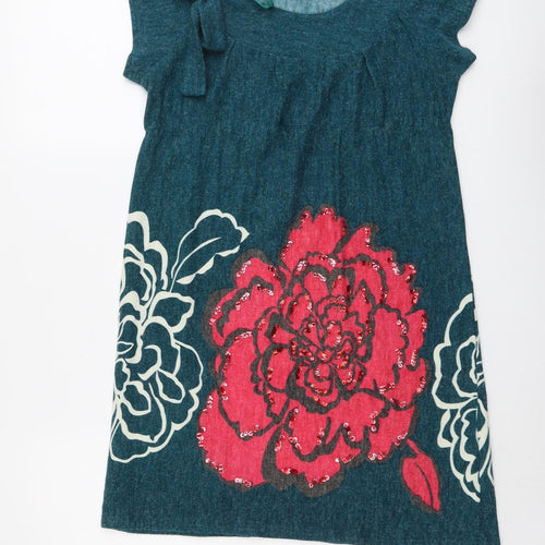 New Look Womens Green Floral Acrylic Jumper Dress Size 10 Round Neck Pullover