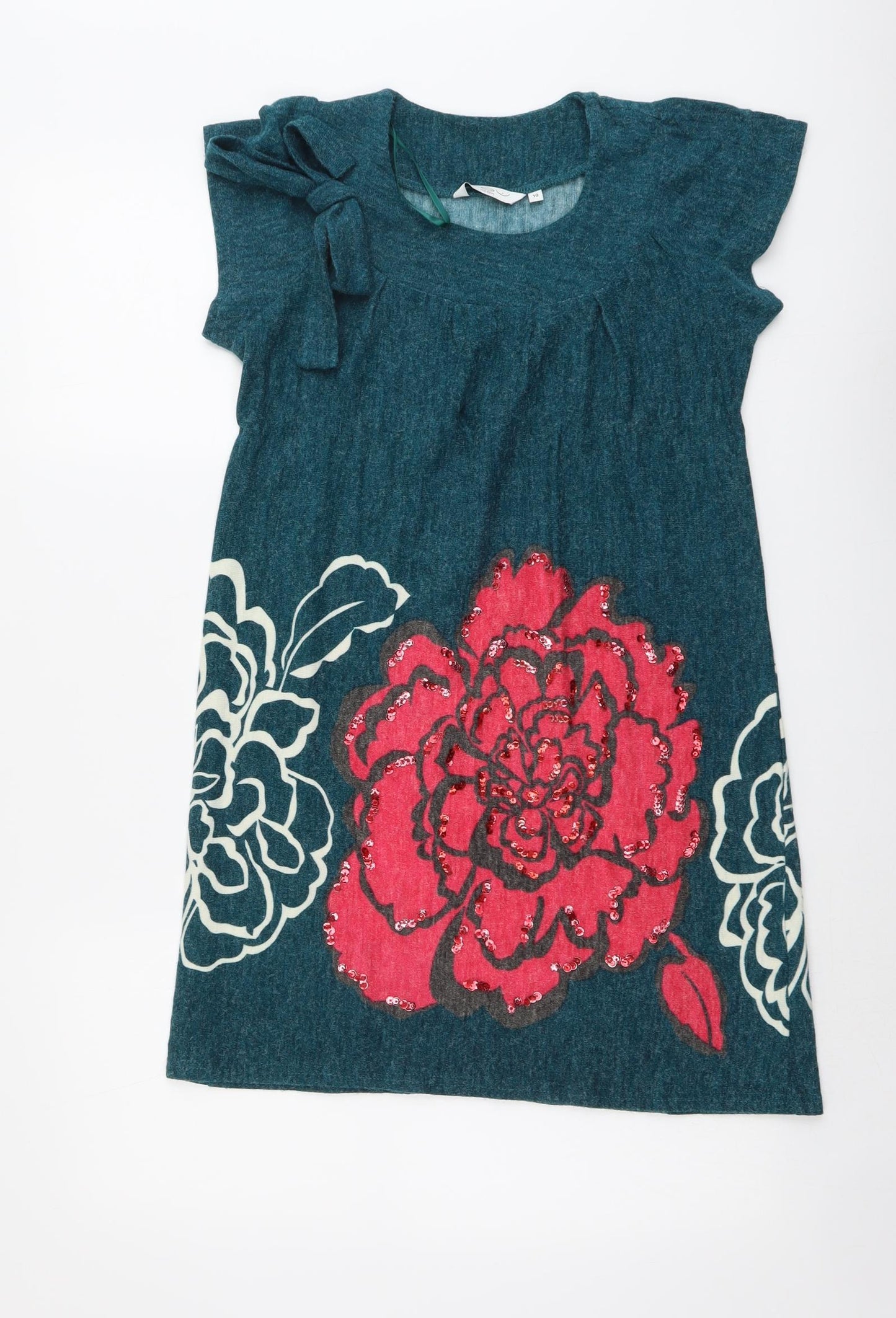 New Look Womens Green Floral Acrylic Jumper Dress Size 10 Round Neck Pullover