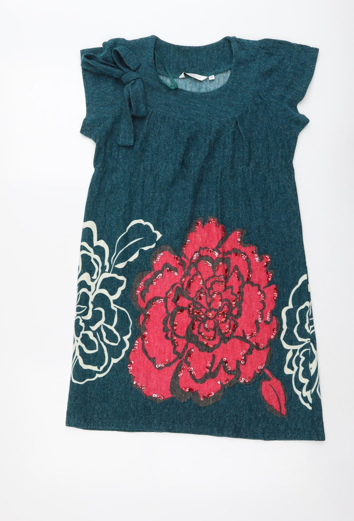 New Look Womens Green Floral Acrylic Jumper Dress Size 10 Round Neck Pullover