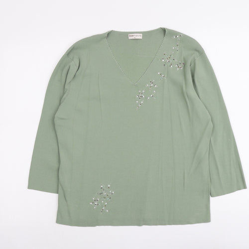 Bonmarché Womens Green V-Neck Viscose Pullover Jumper Size XL