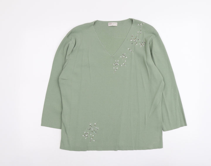 Bonmarché Womens Green V-Neck Viscose Pullover Jumper Size XL