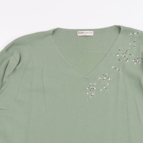Bonmarché Womens Green V-Neck Viscose Pullover Jumper Size XL