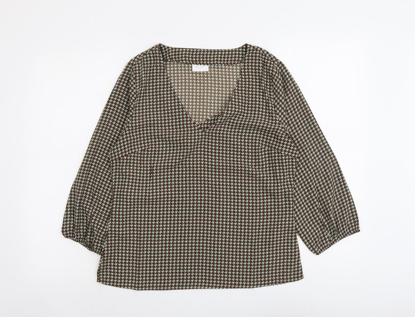 VILA Womens Brown Geometric Polyester Basic Blouse Size 10 V-Neck