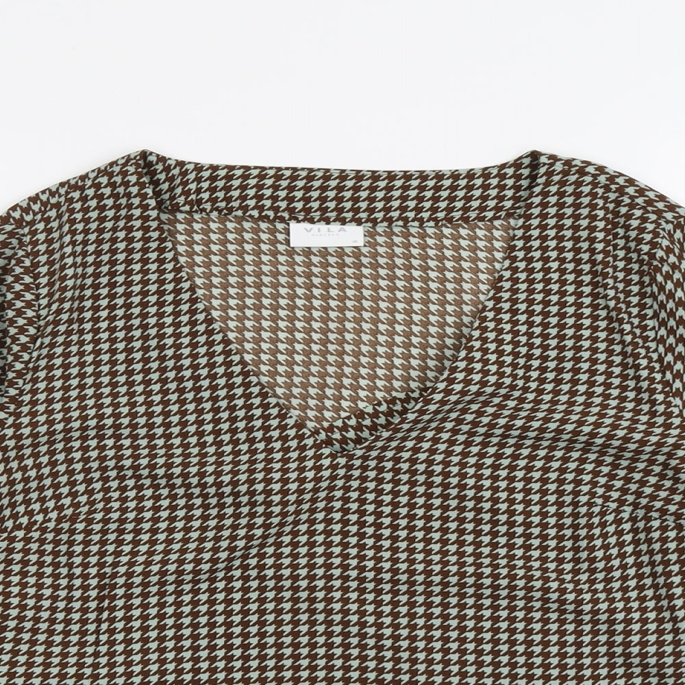 VILA Womens Brown Geometric Polyester Basic Blouse Size 10 V-Neck
