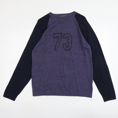 River Island Mens Blue Round Neck Wool Pullover Jumper Size S Long Sleeve