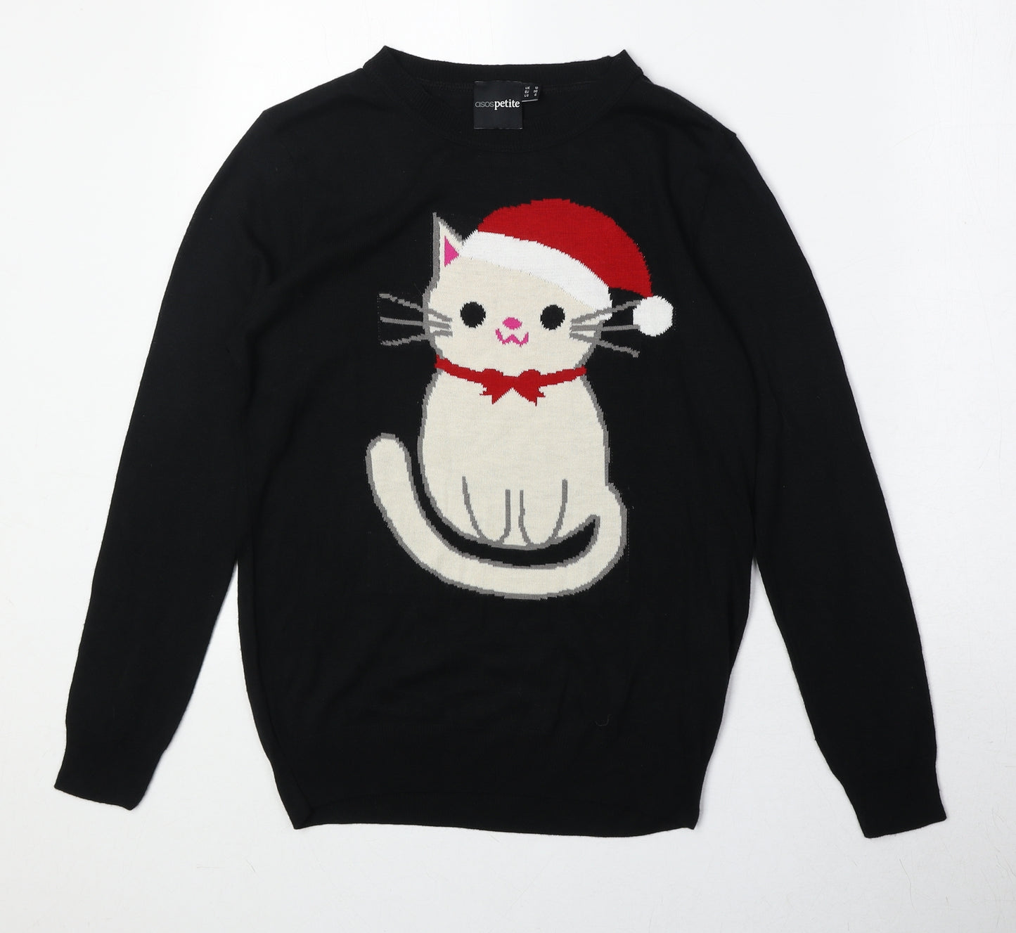 ASOS Womens Black Round Neck Acrylic Pullover Jumper Size 10 - Cat Print