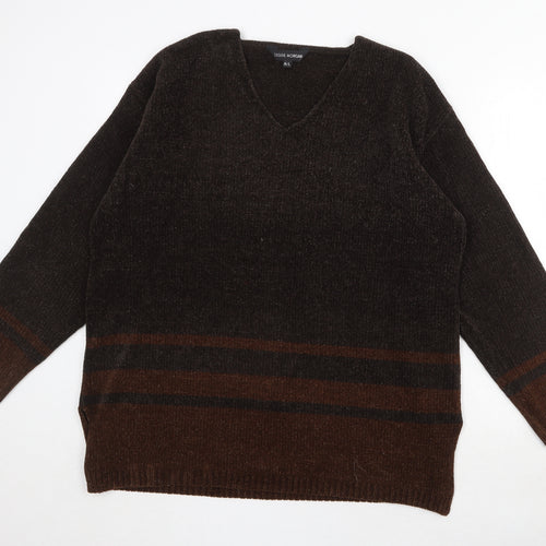 Debbie Morgan Womens Brown V-Neck Striped Acrylic Pullover Jumper Size M - Size M/L