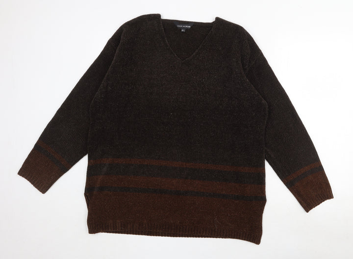 Debbie Morgan Womens Brown V-Neck Striped Acrylic Pullover Jumper Size M - Size M/L