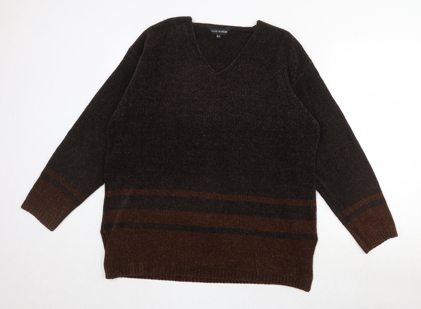 Debbie Morgan Womens Brown V-Neck Striped Acrylic Pullover Jumper Size M - Size M/L
