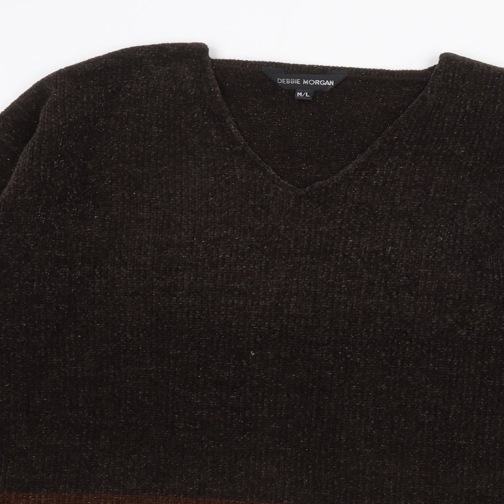 Debbie Morgan Womens Brown V-Neck Striped Acrylic Pullover Jumper Size M - Size M/L