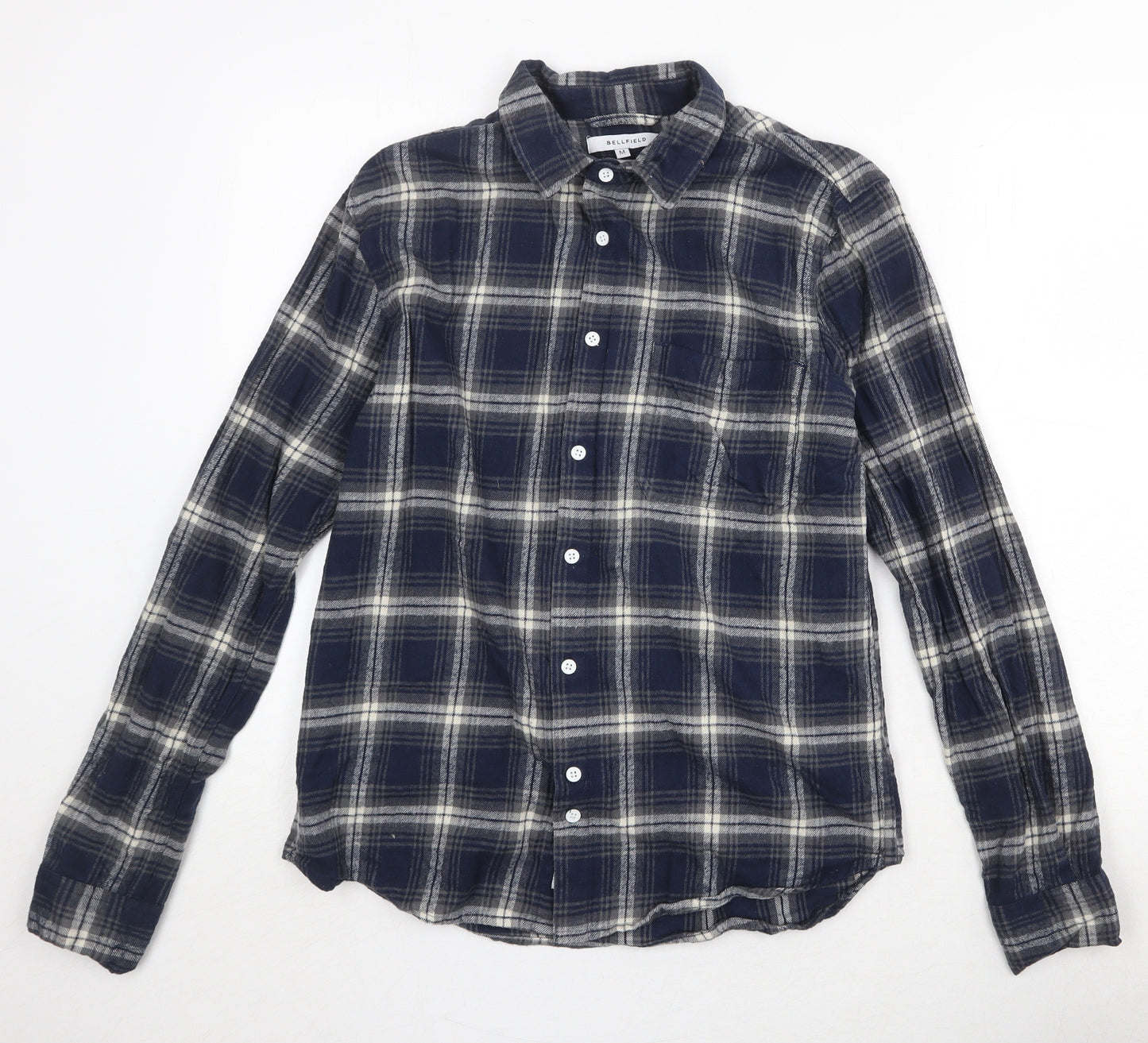 Bellfield Mens Blue Plaid Cotton Button-Up Size M Collared Button