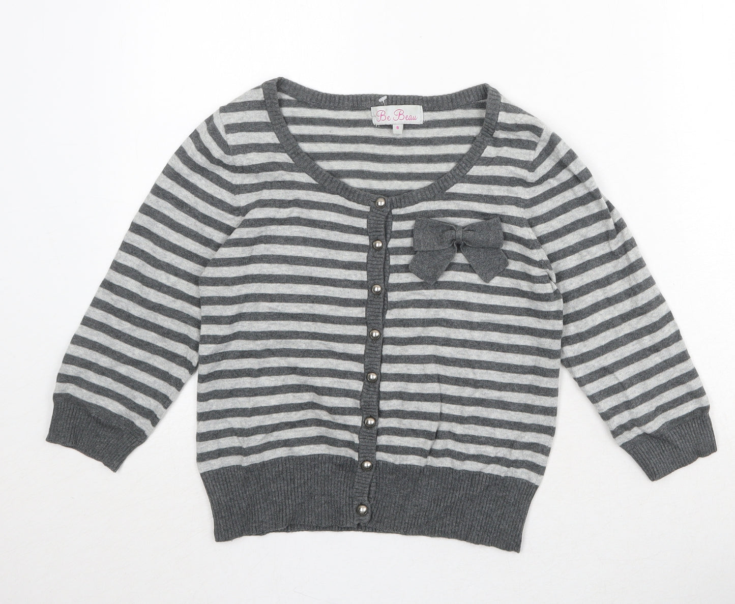 Be Beau Womens Grey Round Neck Striped Cotton Cardigan Jumper Size 8