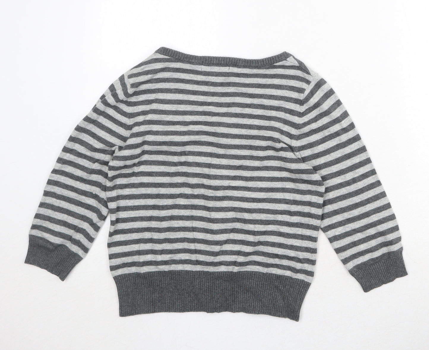 Be Beau Womens Grey Round Neck Striped Cotton Cardigan Jumper Size 8