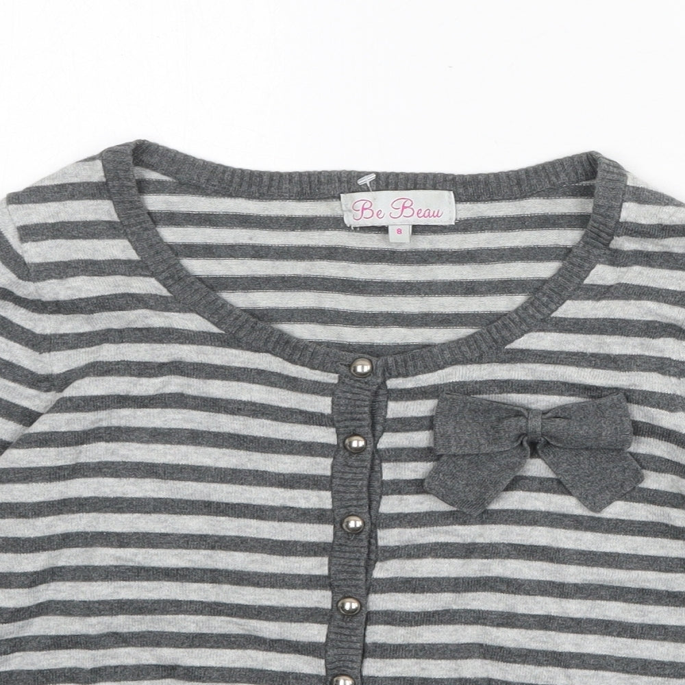 Be Beau Womens Grey Round Neck Striped Cotton Cardigan Jumper Size 8
