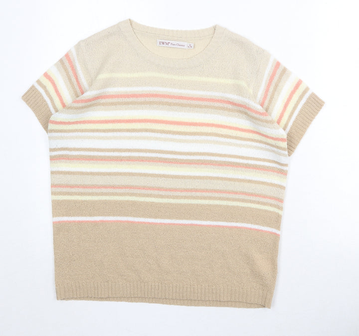 EWM Womens Beige Round Neck Striped Acrylic Pullover Jumper Size M