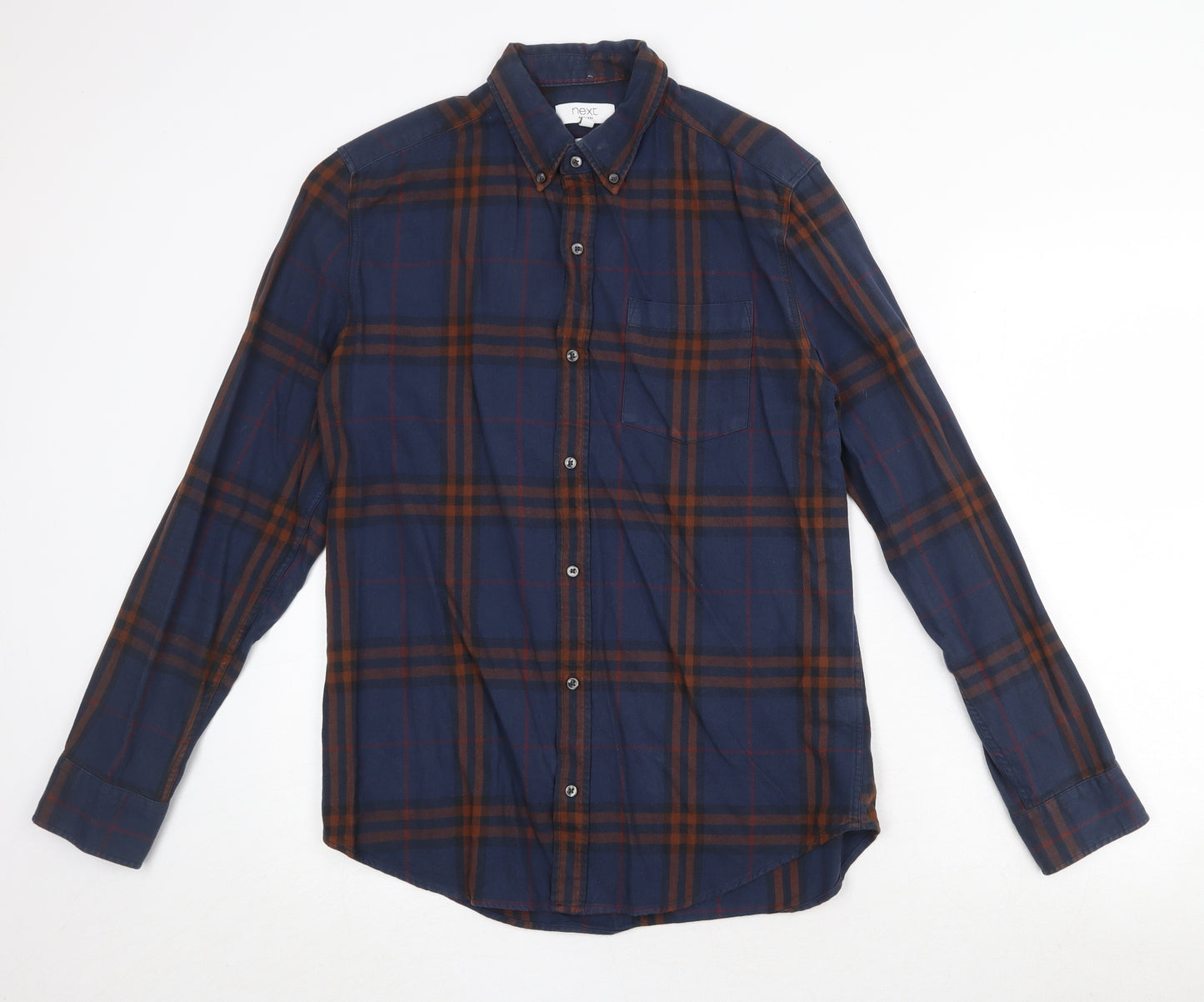 NEXT Mens Blue Plaid Cotton Button-Up Size M Collared Button