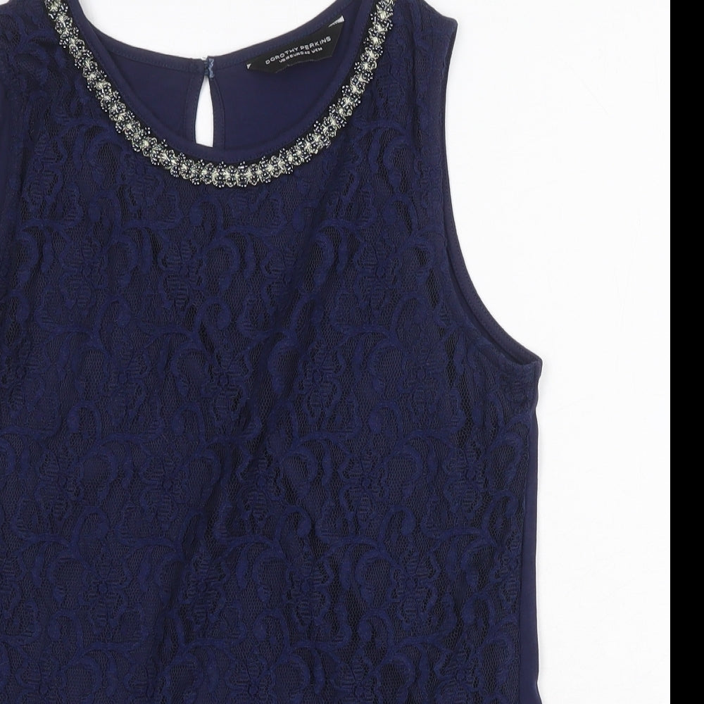 Dorothy Perkins Womens Blue Geometric Cotton Basic Tank Size 14 Round Neck